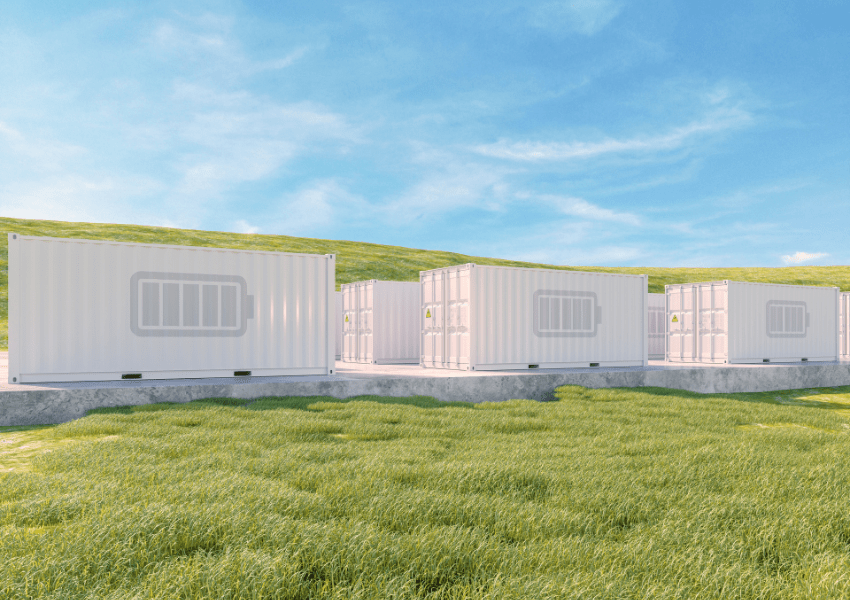Battery Storage in green grass with blue sky