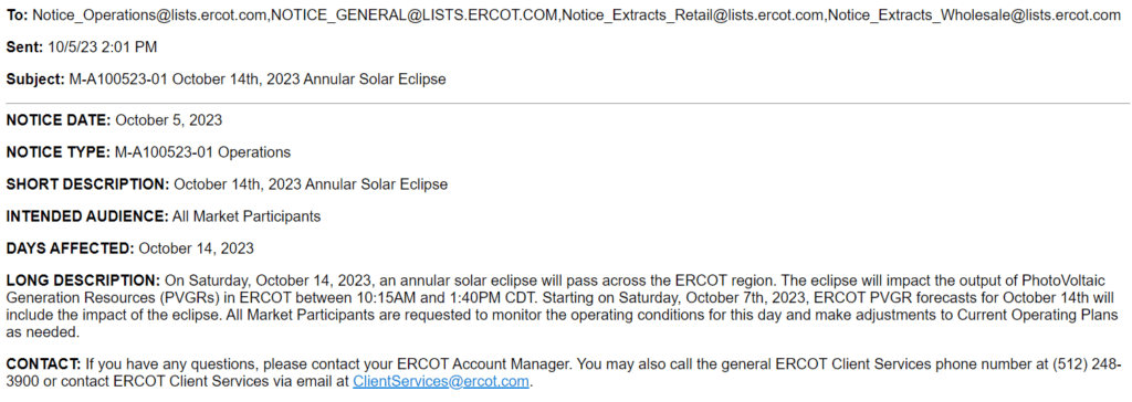 ERCOT's notice for the Oct. 14, 2023, solar eclipse