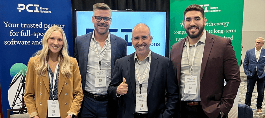 PCI Energy Solutions employees attending Energy Trading Week Americas 2024, from left to right: Emily Bell, Ben Cirksena, Javier Martin, Gage Doonkeen.