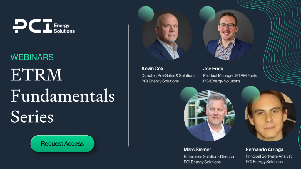 graphic promoting pci energy solutions etrm fundamentals webinar series with 4 presenter headshots