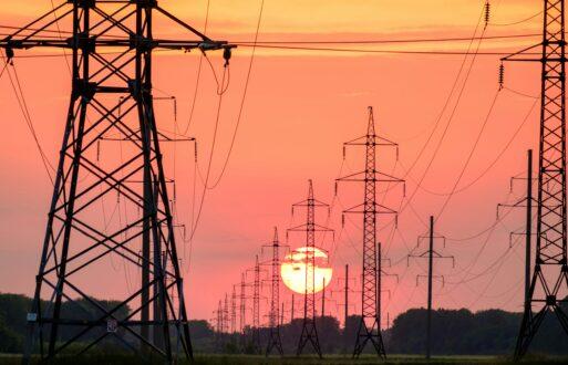 Transmission lines at sunset
