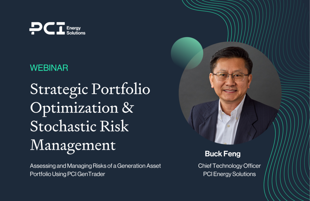 promotional graphic for pci energy solutions webinar, "strategic portfolio optimization and stochastic risk management led by buck feng, cto of pci