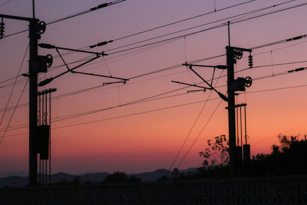 transmission lines at sunset