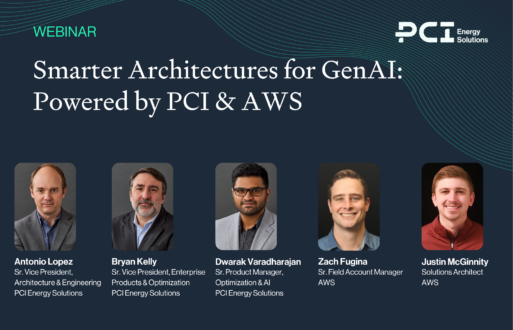 promo graphic featuring antonio lopez, bryan kelly, and dwarak varadharajan from pci energy solutions; and zach fugina and justin mcginnity from amazon web services (aws)