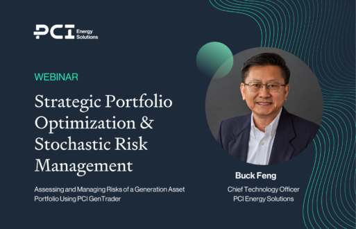 promo graphic for pci energy solutions webinar, "Strategic Portfolio Optimization & Stochastic Risk Management" led by Buck Feng, CTO of PCI
