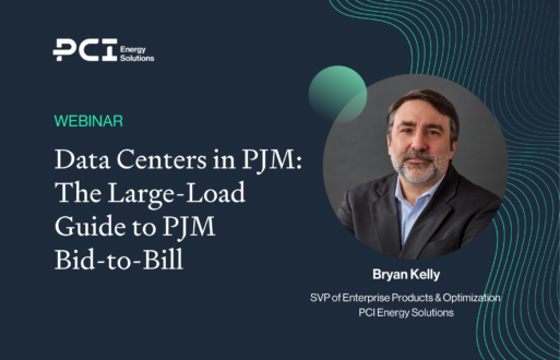 promo graphic for pci energy solutions webinar "Data Centers in PJM: The Large-Load Guide to PJM Bid-to-Bill" led by Bryan Kelly, svp of enterprise products & optimization