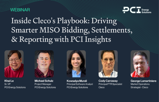 promotional graphic for pci energy solutions webinar "Inside Cleco's Playbook: Driving Smarter MISO Bidding, Settlements, & Reporting with PCI Insights" featuring headshots of 5 speakers