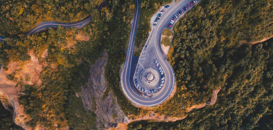 aerial of oregon winding road